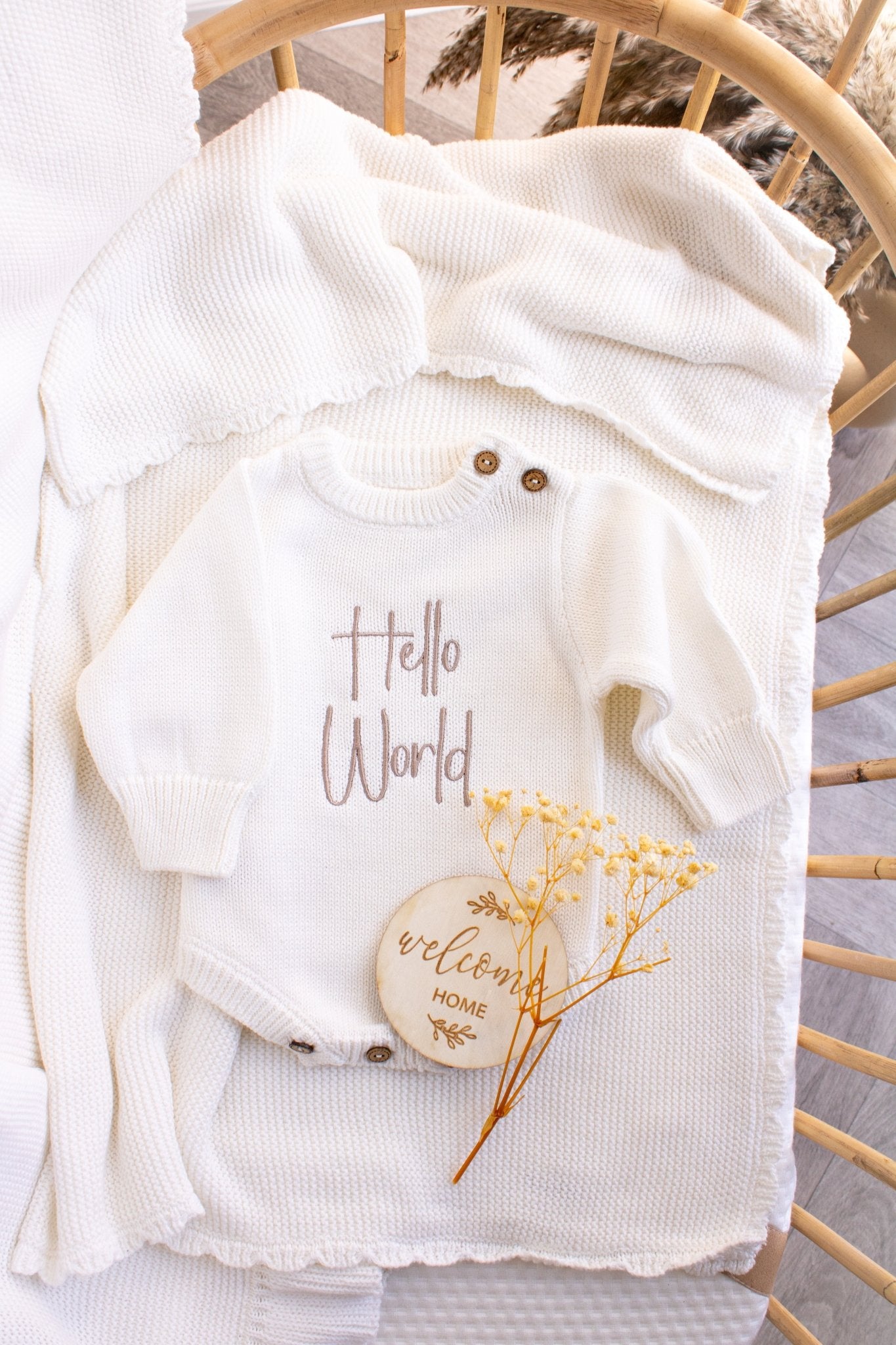 White Baby Blanket Baby Shower Gift set Hello World Outfit