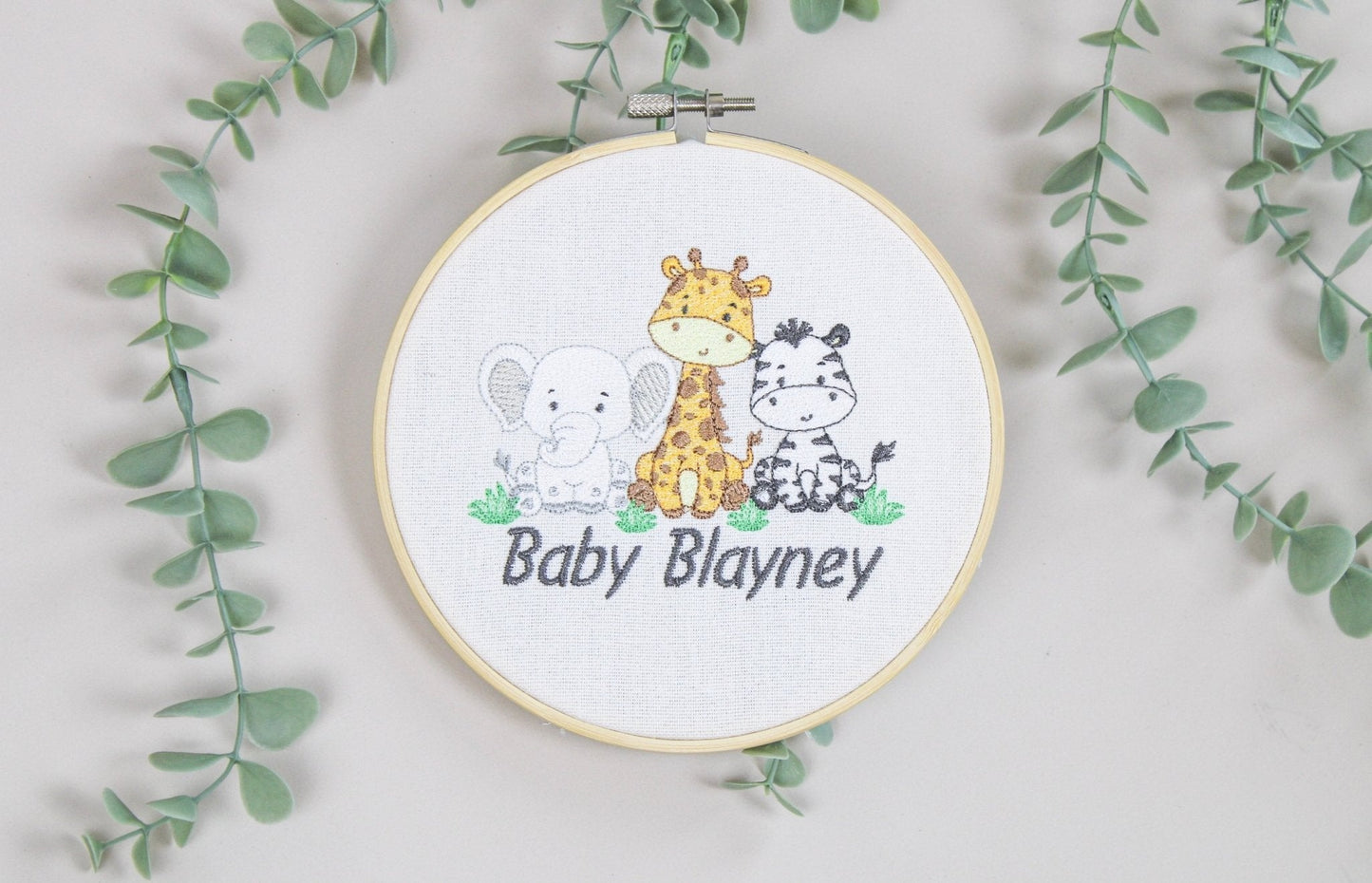Personalised Embroidered Nursery Decor Hoop - Safari theme