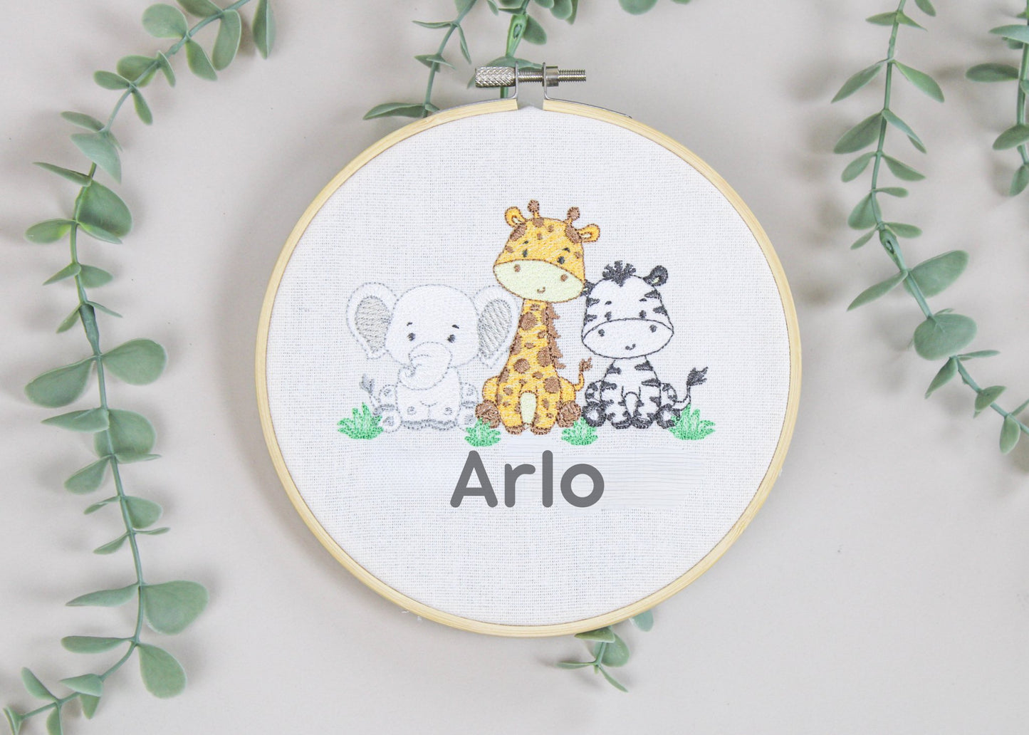 Personalised Embroidered Nursery Decor Hoop - Safari theme