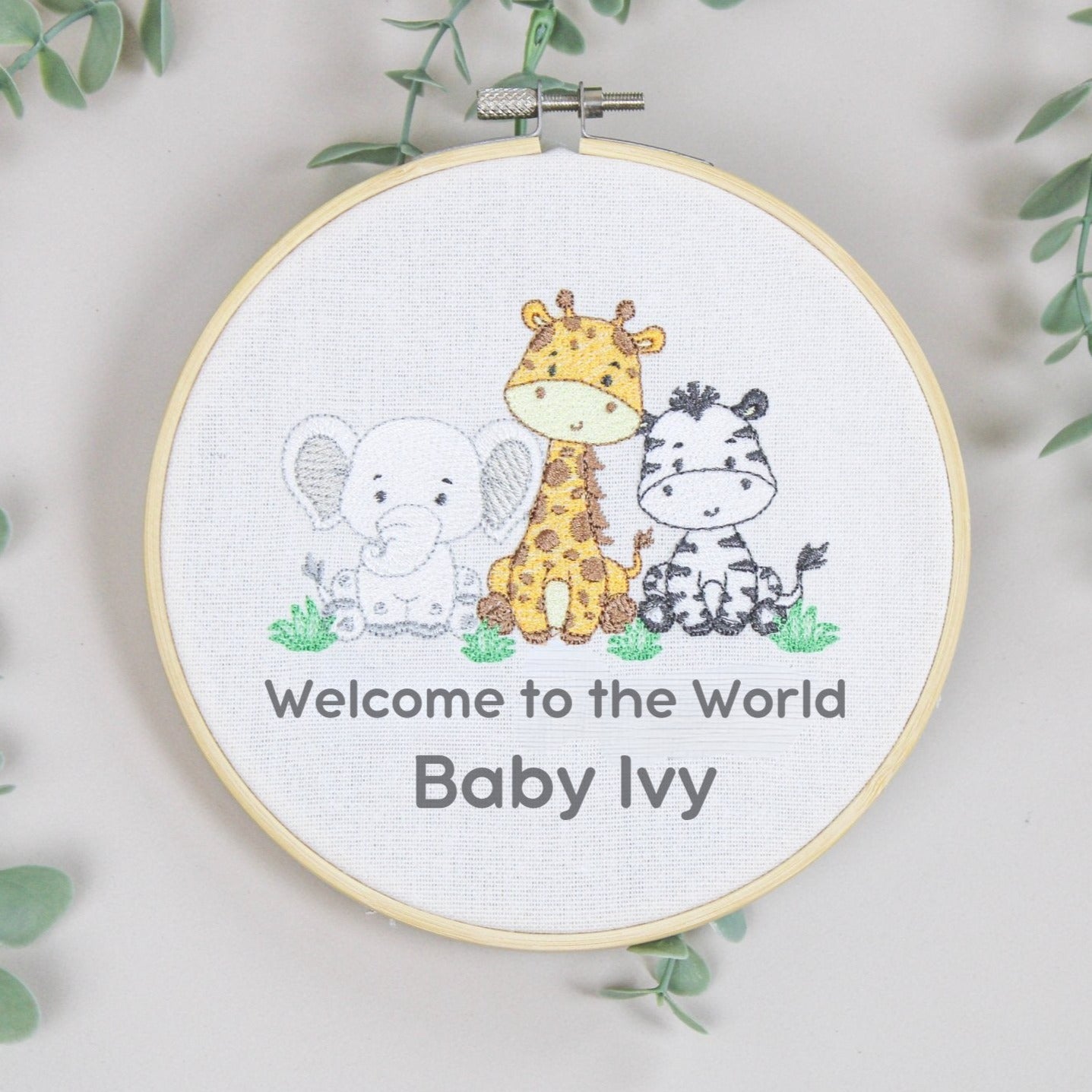 Personalised Embroidered Nursery Decor Hoop - Safari theme