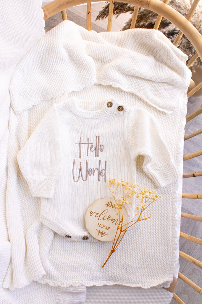 Hello World Baby Romper & Blanket Bundle | White