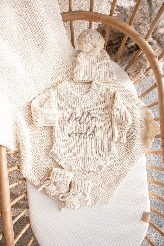 Hello World Baby Romper & Blanket Bundle | Textured Sand