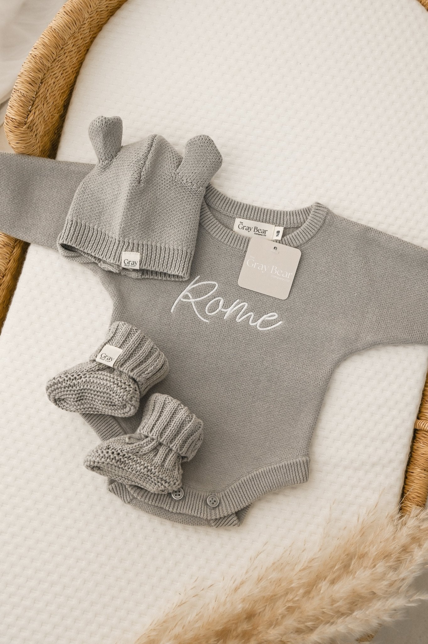 Personalised Stone Grey Romper and accessories | 3 piece Bundle