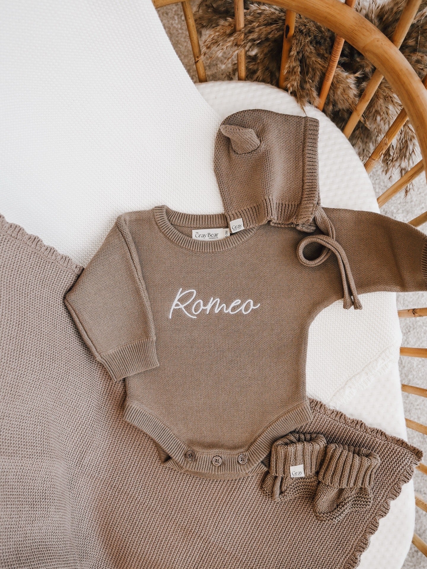 Personalised Mocha Romper and accessories | 3 piece Bundle