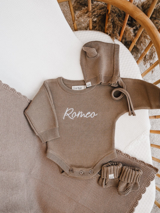 Personalised Mocha Romper and accessories | 3 piece Bundle