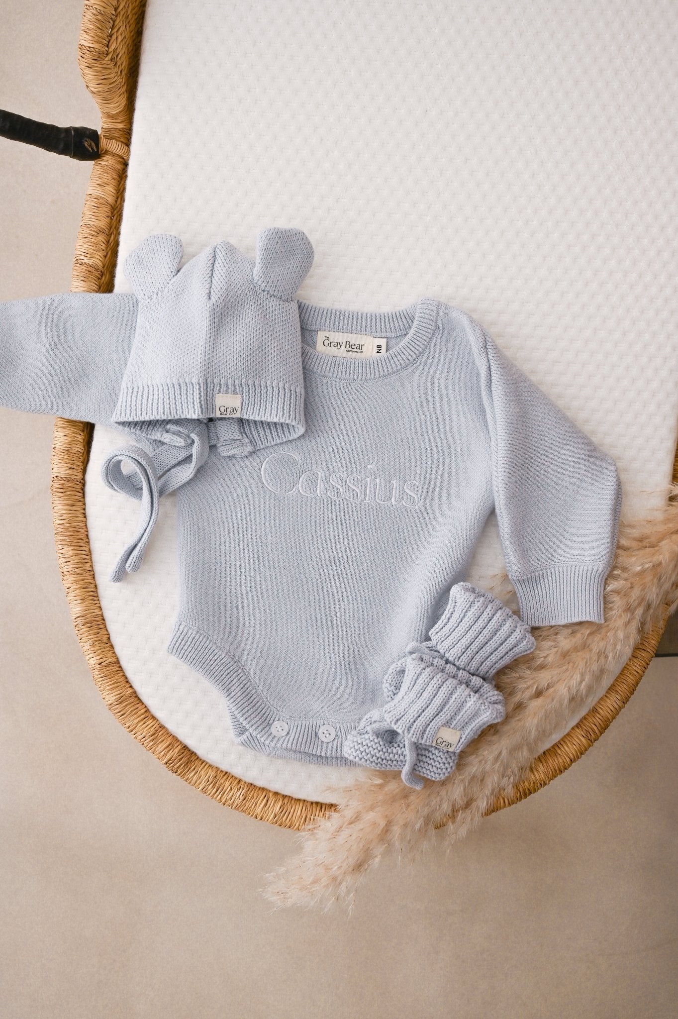 Personalised Powder Blue Romper and accessories | 3 piece Bundle