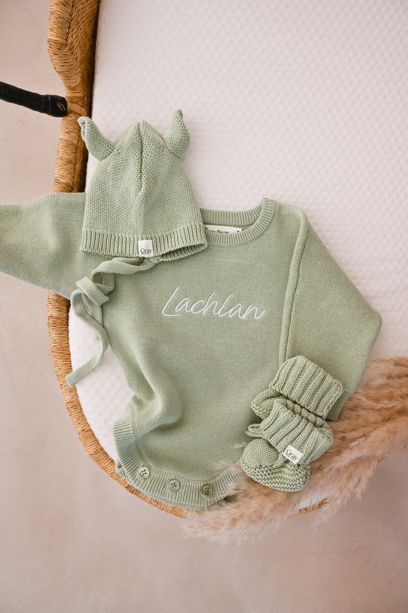 Personalised Sage Green Romper and accessories | 3 piece Bundle