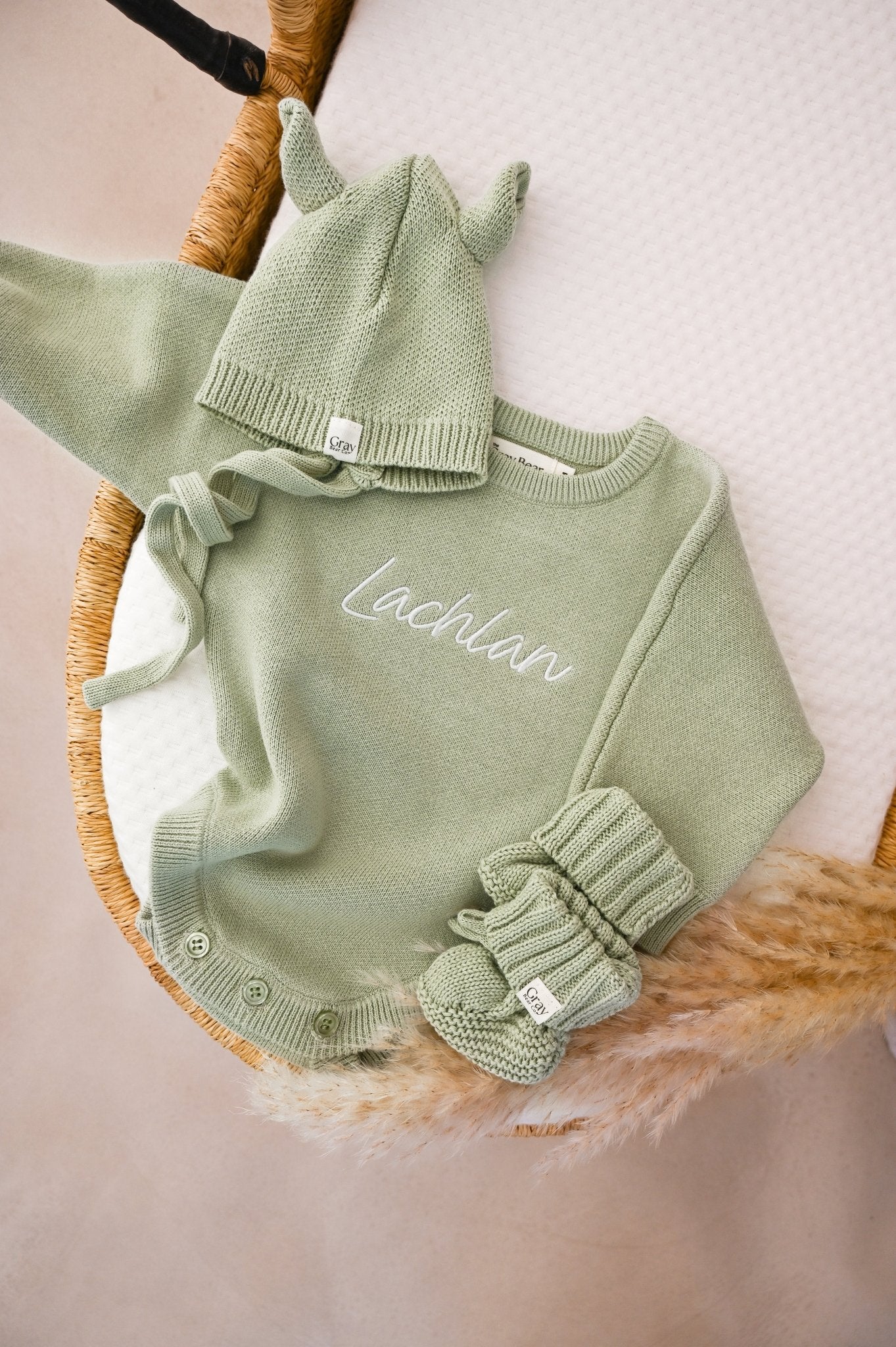 Personalised Sage Green Romper and accessories | 3 piece Bundle