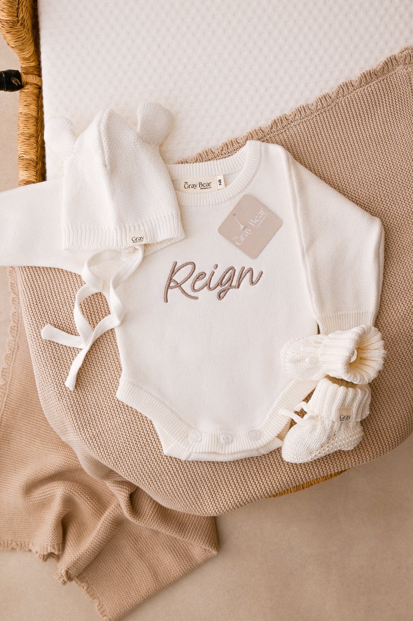 Personalised White Romper and accessories | 3 piece Bundle