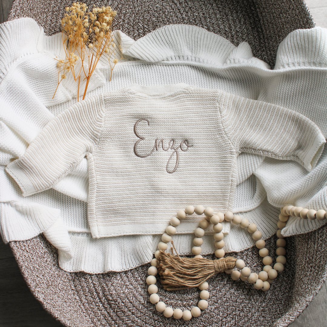 Personalised White and Beige Baby Cardigan: Sweet and Stylish Addition