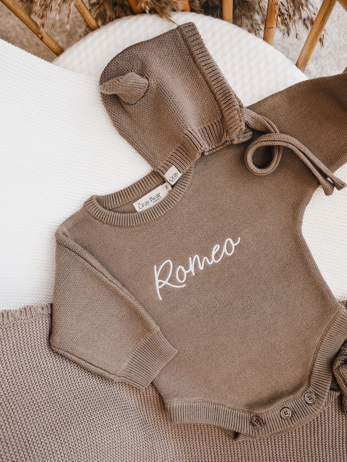 Personalised Mocha Romper and accessories | 3 piece Bundle