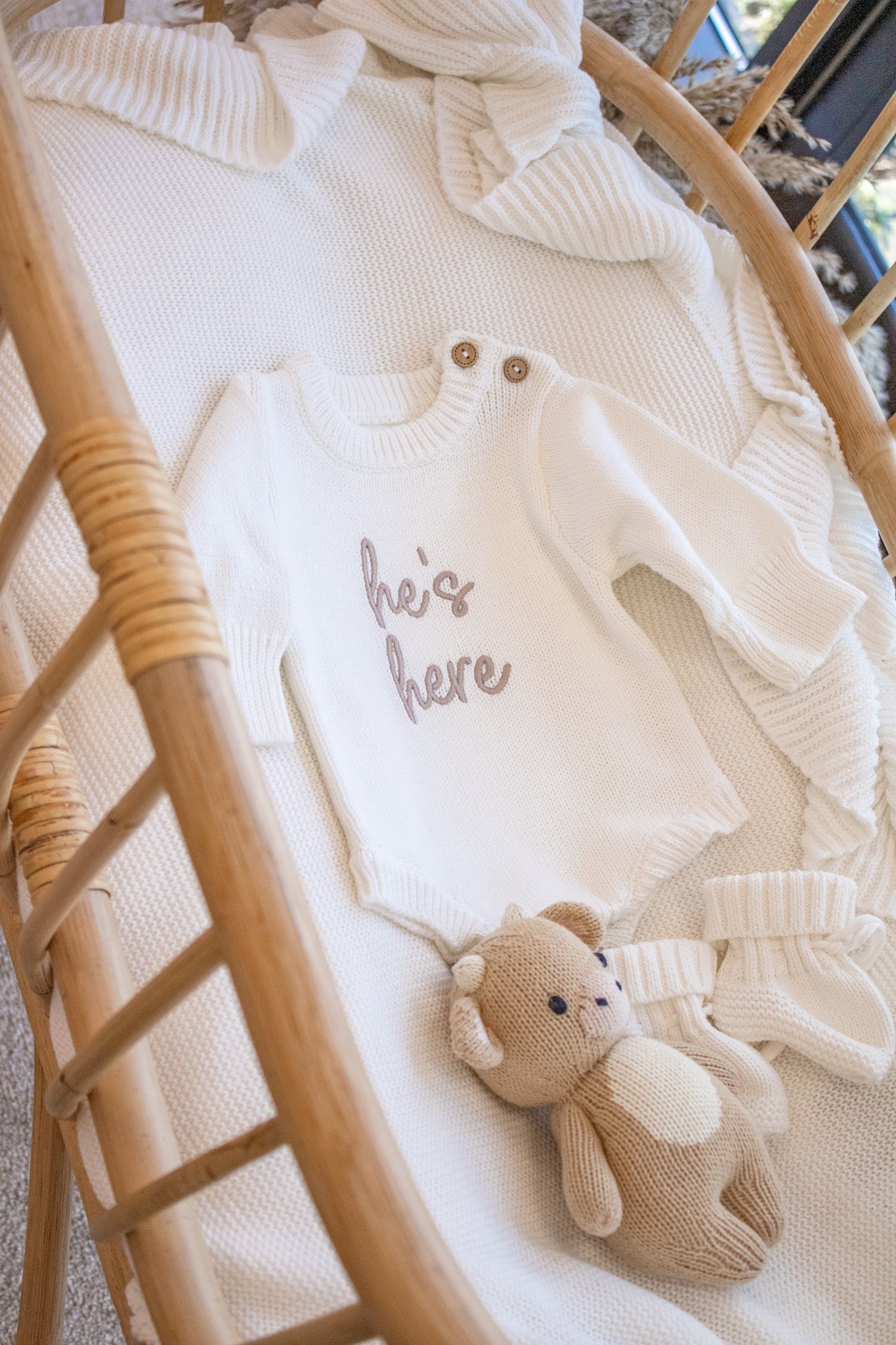 ‘He's Here' Baby Romper | White