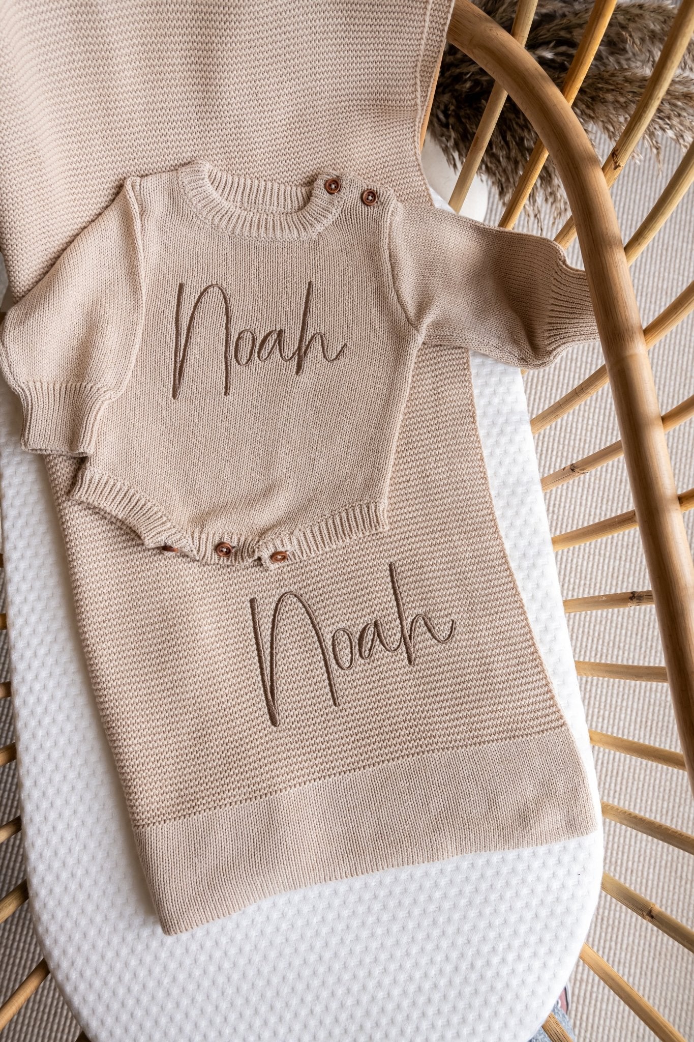 Personalised Newborn Gift Set | Beige Baby Blanket & Jumper Romper