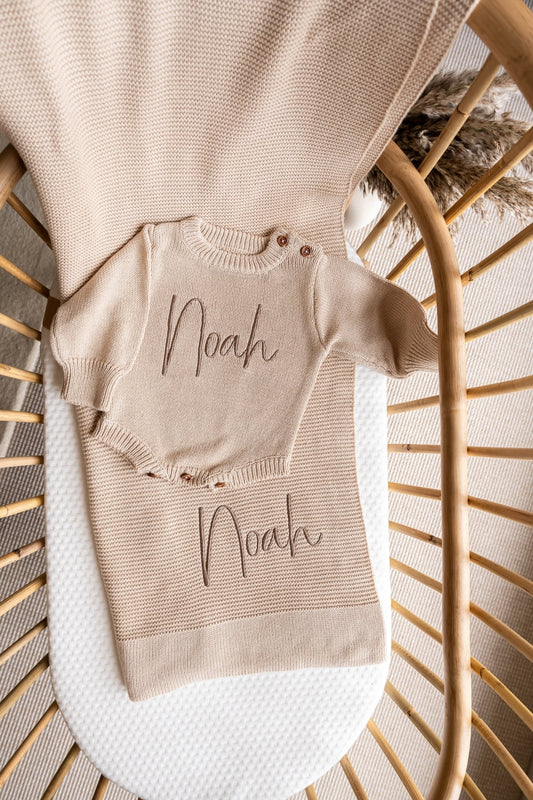 Personalised Newborn Gift Set | Beige Baby Blanket & Jumper Romper PREORDER