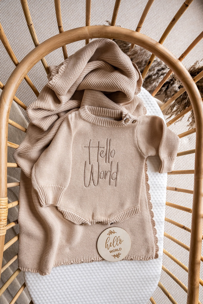 Hello World Baby Romper & Blanket Bundle | Soft Beige