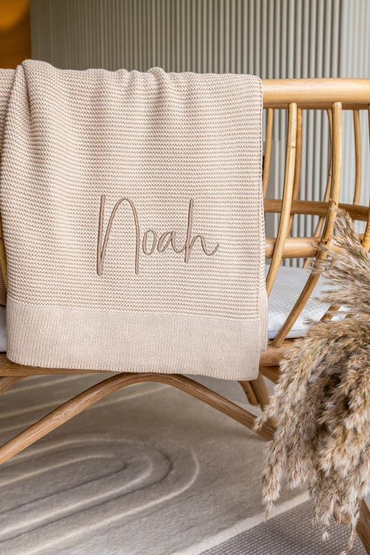 beige baby blanket embroidered with baby name in a beautiful soft beige colour
