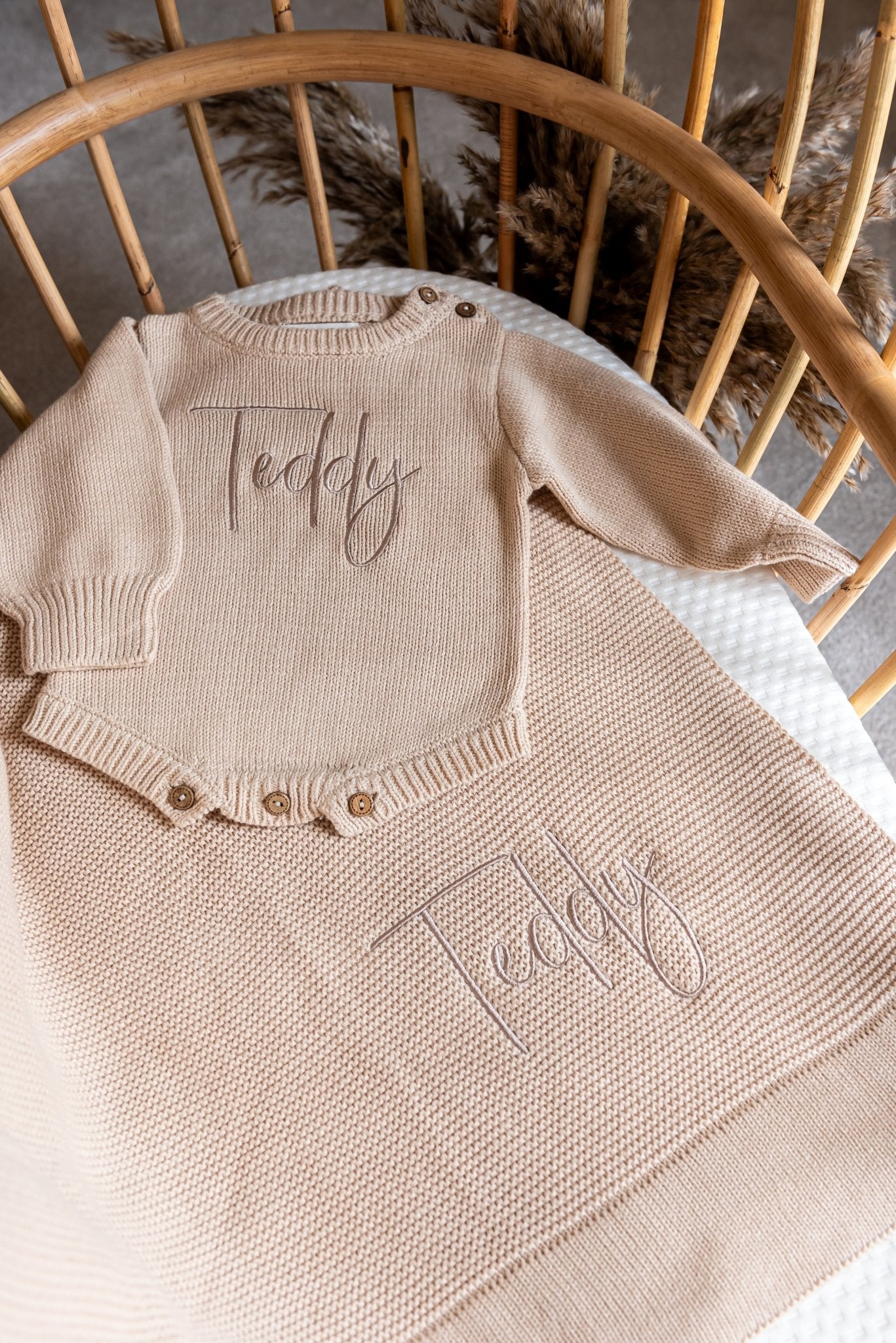 Personalised Newborn Gift Set | Beige Baby Blanket & Jumper Romper