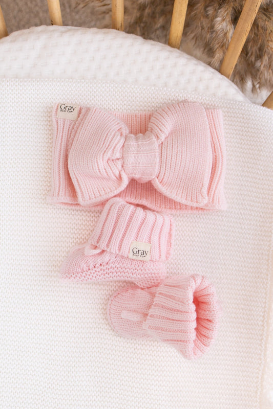 Knitted Booties / Socks and Head Bow - Soft Pink