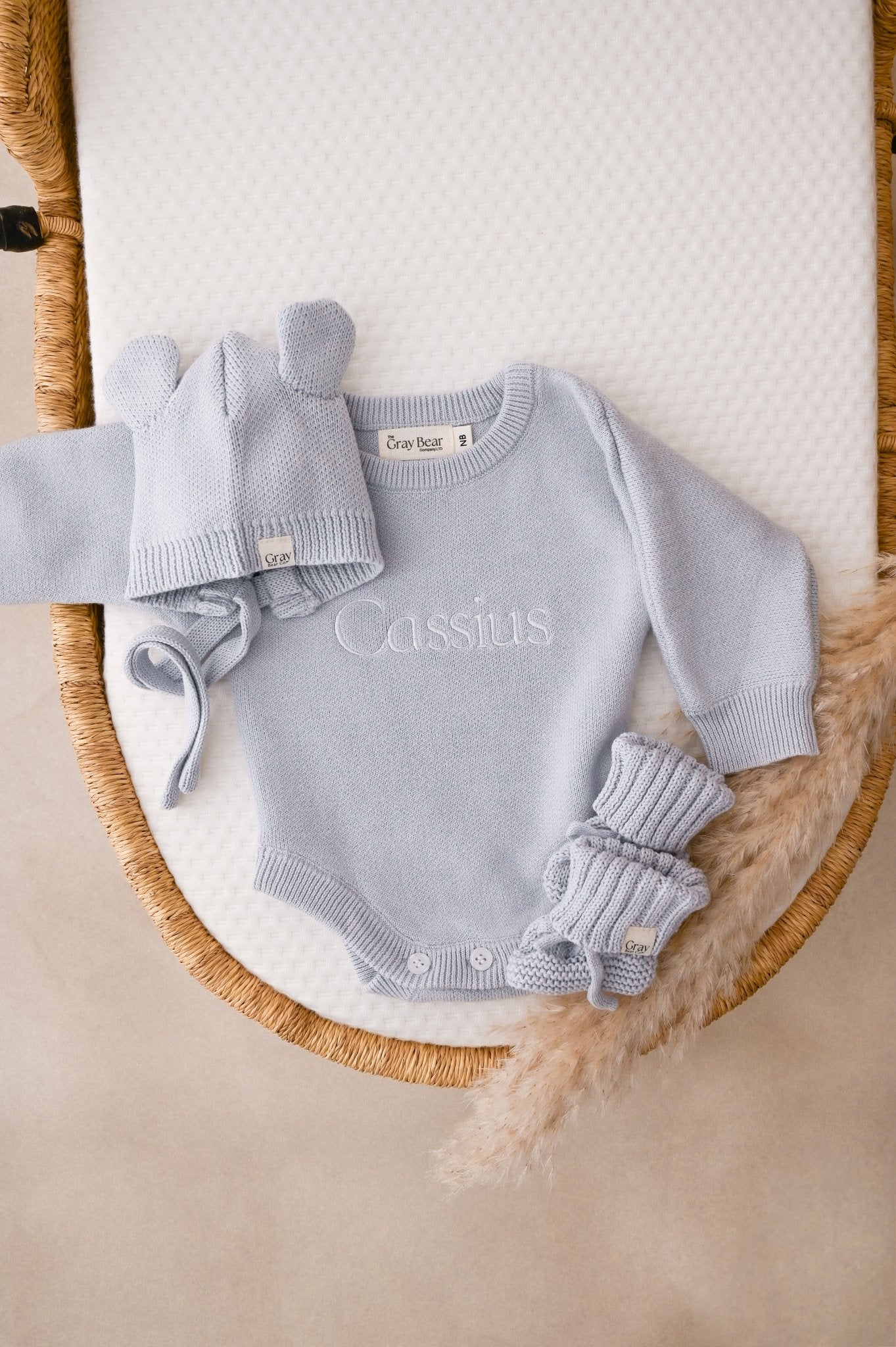 Personalised Powder Blue Romper and accessories | 3 piece Bundle