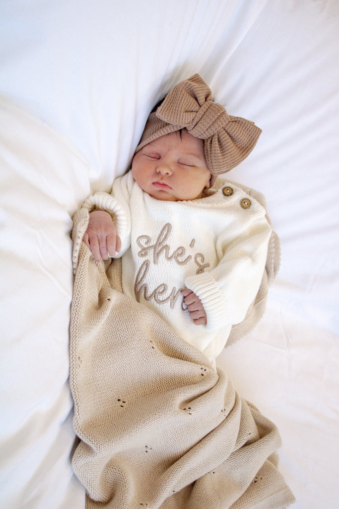 'She's / He's Here' Romper and Blanket Bundle | White