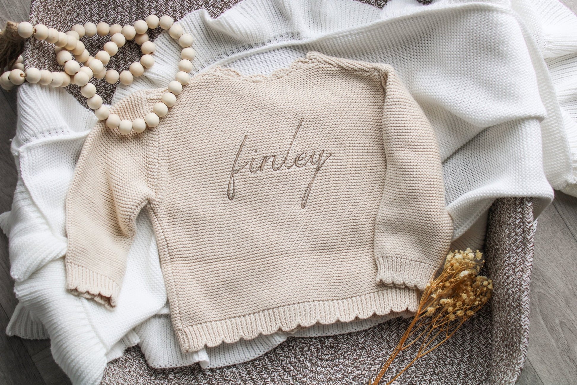 Personalised Beige Knit Baby Cardigan with Embroidered Name