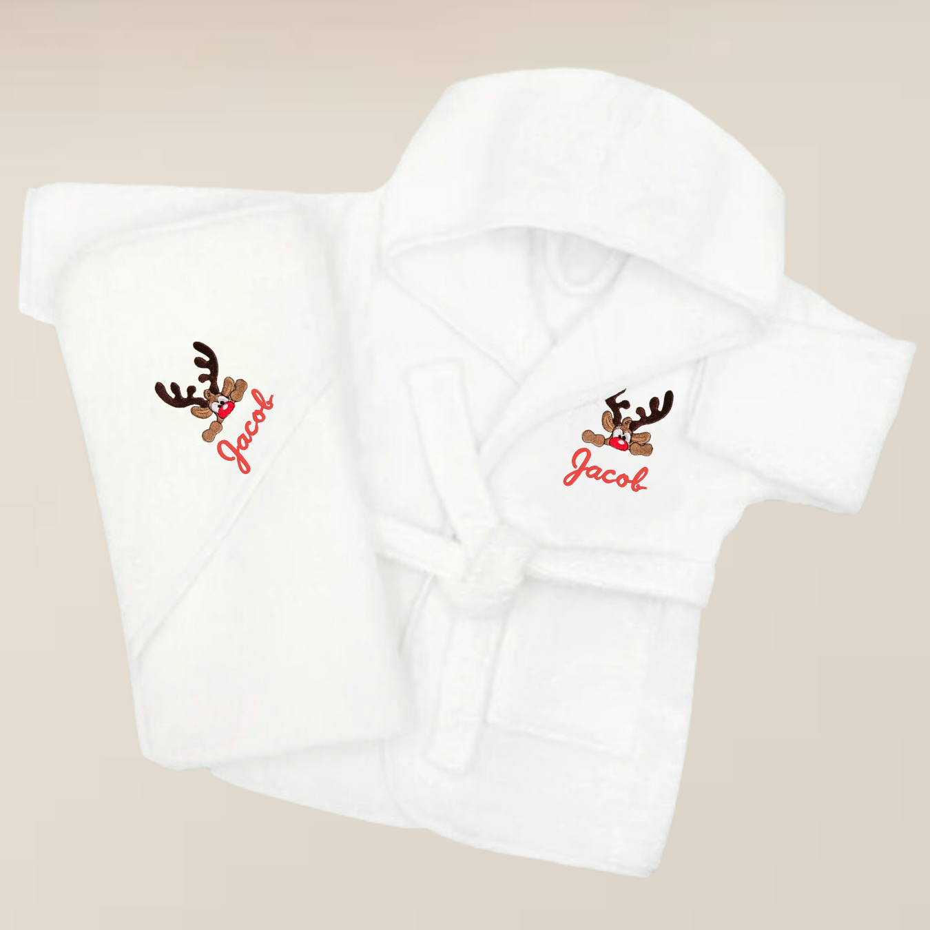Christmas Kids Personalised Embroidered Reindeer Hooded Towel & Dressing Gown Set