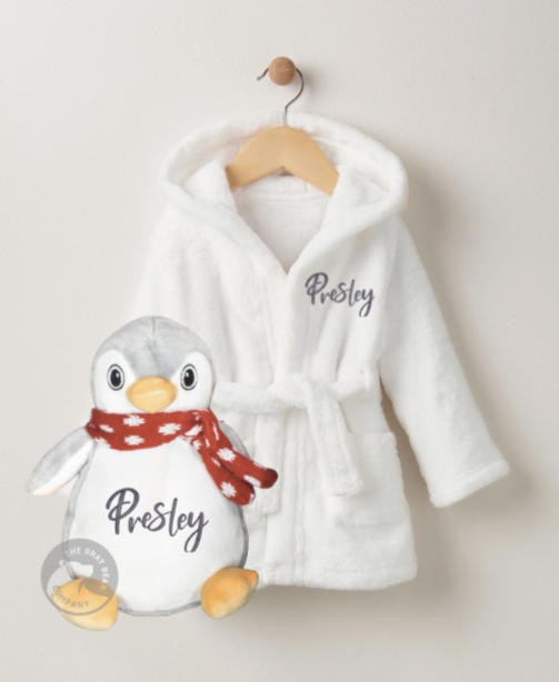 Christmas Kids Personalised Embroidered Penguin Teddy & Dressing Gown Set