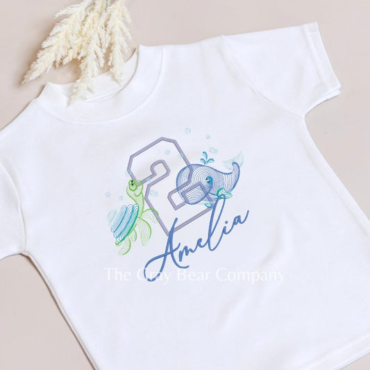 Ocean-themed birthday jumper for kids, featuring sea creatures and personalised name and age