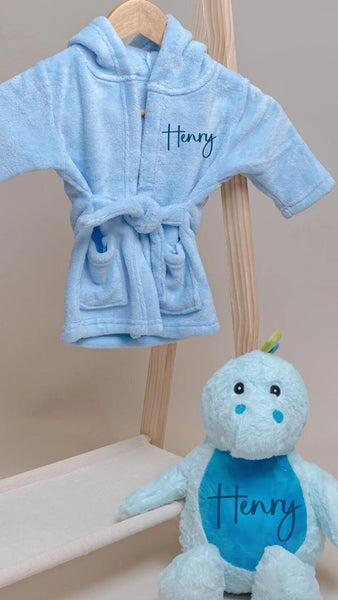 Blue Dressing Gown & Dinosaur Teddy Set