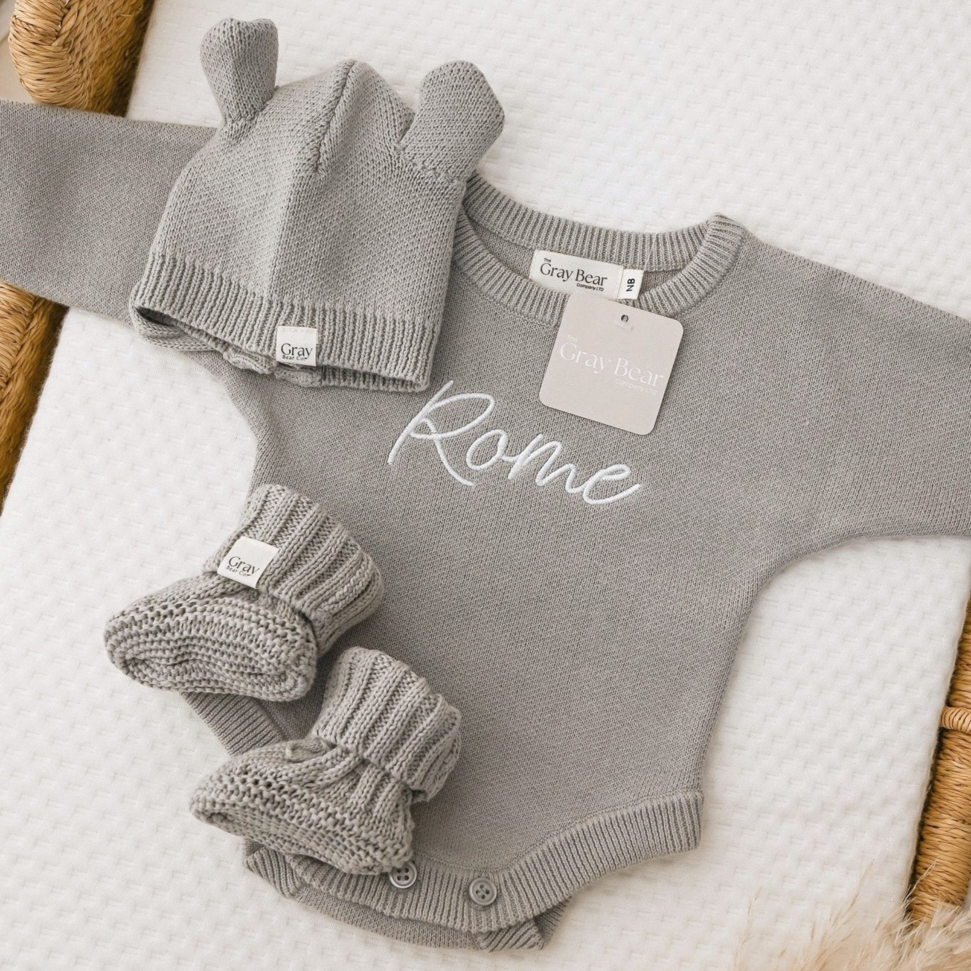 Personalised Stone Grey Romper and accessories | 3 piece Bundle