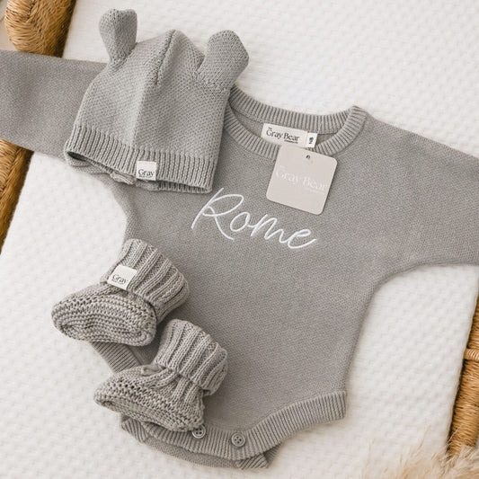 Personalised Stone Grey Romper and accessories | 3 piece Bundle