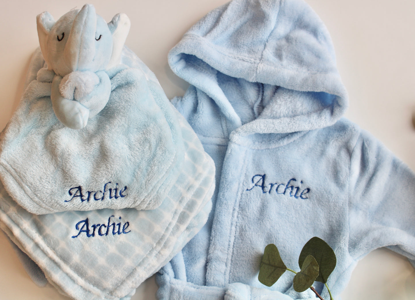 Personalised Baby Boy Dressing Gown, Comforter and Blanket Gift Set